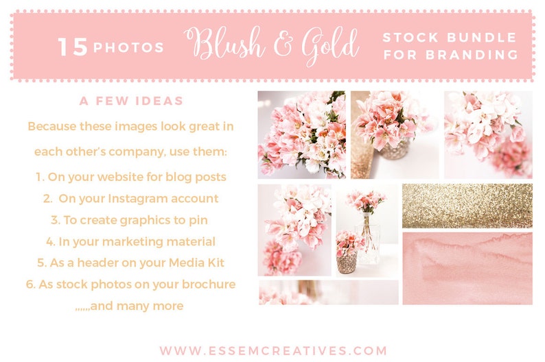 May include: A promotional image titled "Blush & Gold" with the text "15 Photos" and "Stock Bundle for Branding." It features a collage of photos, including floral arrangements and gold glitter textures. The text suggests using the images for blog posts, Instagram, marketing, and more.
