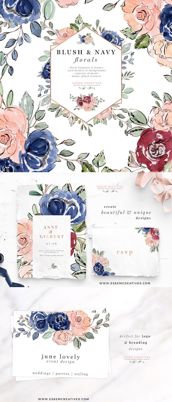 Blush and Navy Watercolor Flowers Clipart, Floral Clipart, Rose Gold Geometric Frames, Peonies Garden Rose, Wedding Invitation Floral Border