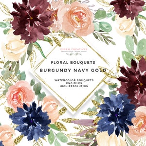 May include: Watercolor floral bouquets in shades of burgundy, navy blue, and peach with gold glitter accents. The text "FLORAL BOUQUETS BURGUNDY NAVY GOLD" is displayed in a gold diamond shape.