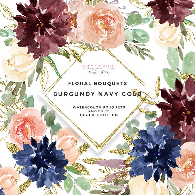 May include: Watercolor floral bouquets in shades of burgundy, navy blue, and peach with gold glitter accents. The text "FLORAL BOUQUETS BURGUNDY NAVY GOLD" is displayed in a gold diamond shape.