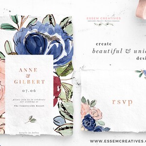 May include: Wedding invitation with watercolor floral design in shades of blue, pink, and red. The invitation reads "Anne & Gilbert 07.06 please join us to celebrate our wedding at The Countryside Resort details to follow".