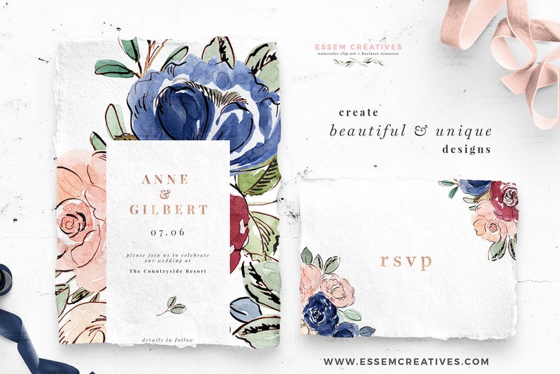 May include: Wedding invitation with watercolor floral design in shades of blue, pink, and red. The invitation reads "Anne & Gilbert 07.06 please join us to celebrate our wedding at The Countryside Resort details to follow".