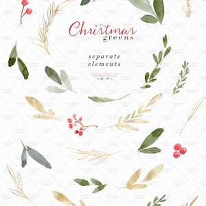 May include: Watercolor and gold Christmas greens clipart set.  The set includes separate elements of green and gold leaves, sprigs, and berries. Each element is approximately 3 to 8 inches wide.
