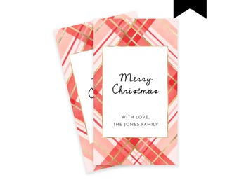 Printable Pink Red Plaid Christmas Gift Tag Template, Editable Modern Watercolor Holiday Gift Tag, Checks Gingham Argyl Gift Label Corjl 516