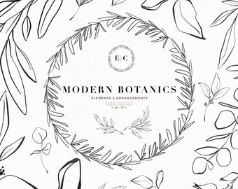 Botanical Line Art Illustration, Dainty Fine Art Eucalyptus Olive Branch Leaves, Digital Wreath PNG Floral Clipart for Wedding Invitations