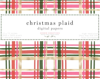 Christmas Plaid Pattern Digital Paper Seamless Repeat, Watercolor Tartan Print for scrapbooking, digital planning, Christmas card background