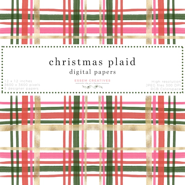 Christmas Plaid Pattern Digital Paper Seamless Repeat, Watercolor Tartan Print for scrapbooking, digital planning, Christmas card background