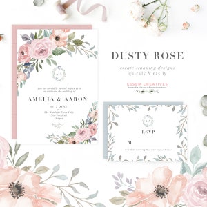 Watercolor Flower Borders Backgrounds, Dusty Rose Floral Clipart, Dusty Blue Clipart PNG, Vintage Rustic Wedding Invitation Branding Graphic