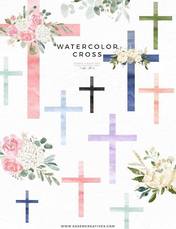 Watercolor Cross Clipart, Floral Cross Clipart, Easter Clipart, Sublimation PNG, Easter Graphics, Religious Church Clip Art, Christmas Art