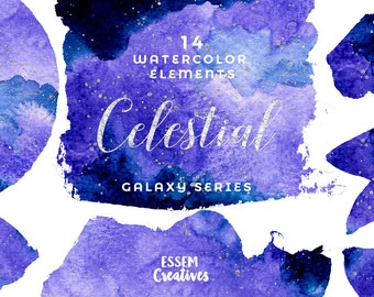 Purple Watercolor Galaxy Clipart, Navy Silver Watercolor Brush Strokes Splash Clipart, Night Sky Logo, Blog Graphics, Winter Wedding Clipart