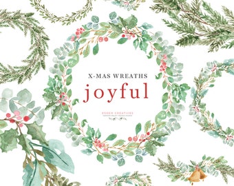 Watercolor Christmas Wreath Clipart, Greenery Holiday Card Clip Art, Christmas Clipart, Holly Eucalyptus Mistletoe Pine Digital Wreath PNG