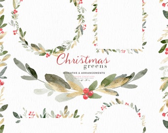 Christmas Wreath Clipart, Photo Frame Clip Art, Watercolor Winter Clipart, Mistletoe Clipart, Holiday Card Clipart, Festive Digital Graphics