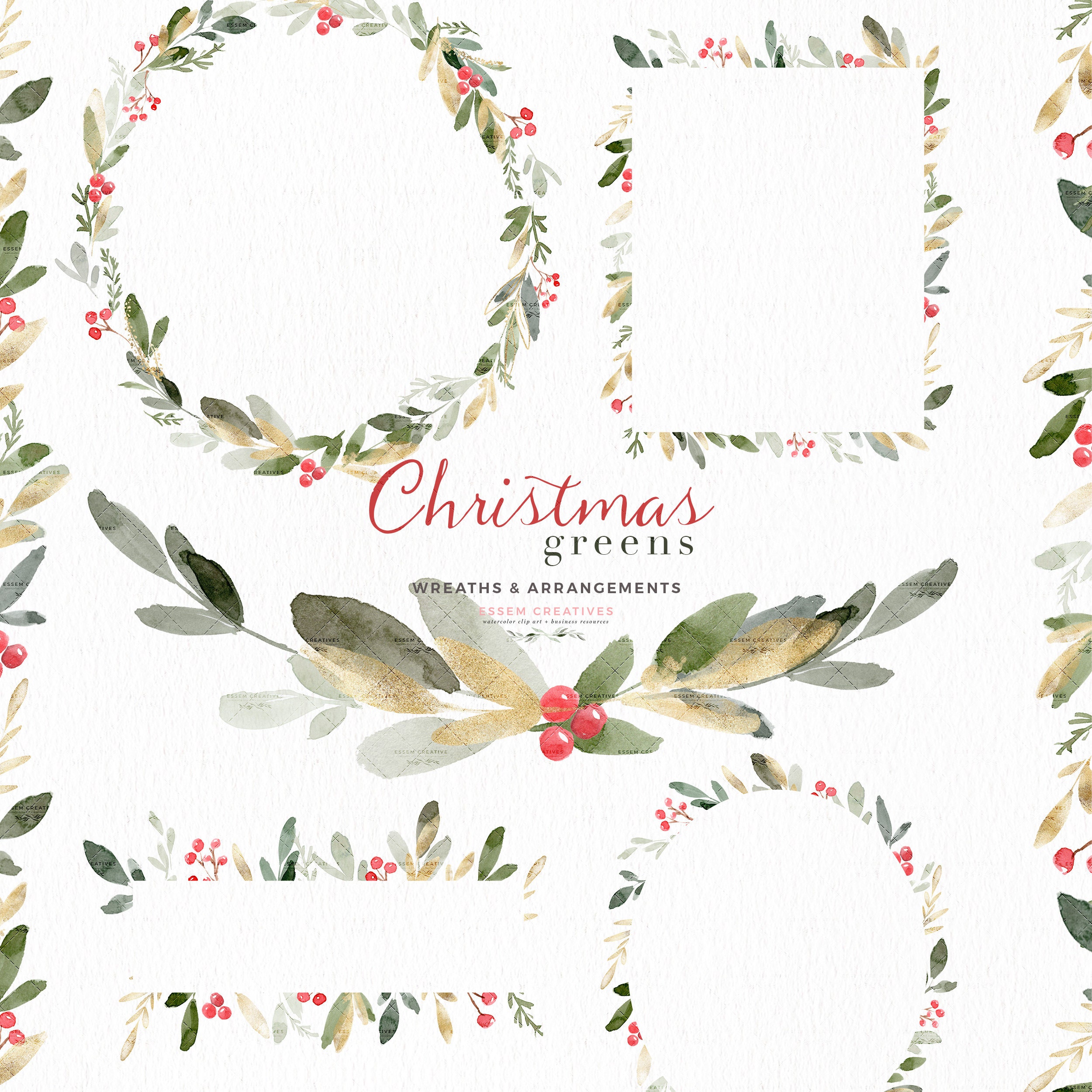 Watercolor Floral Christmas Clipart, Christmas Wreath Clip Art, Winter  Holiday Graphics for Invitations Posters - Essem Creatives
