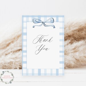 Editable Baby Blue Boy Baby Shower Thank You Card, Gingham Bow Folded ...