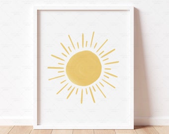 Yellow Sun Print, Boho Nursery Prints, Sun Wall Art Poster, Gender Neutral Nursery Print Sunshine Print for Kids Room Art, DIGITAL DOWNLOAD