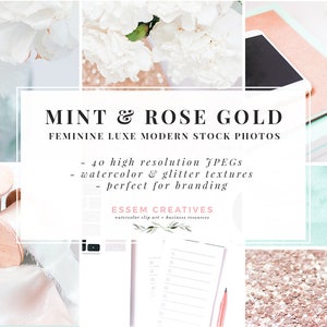 Mint & Rose Gold Stock Photos Bundle, Desktop Styled Stock Photography, Blog Header, Photographer Blogger Branding, Instagram Social Media
