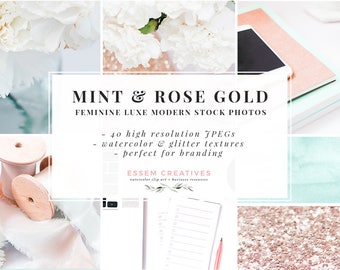 Mint & Rose Gold Stock Photos Bundle, Desktop Styled Stock Photography, Blog Header, Photographer Blogger Branding, Instagram Social Media