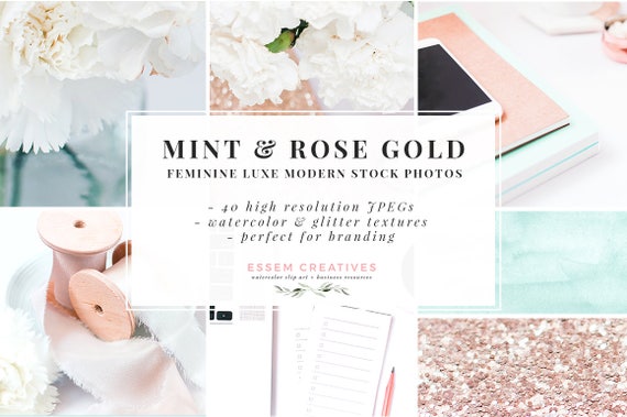 Mint & Rose Gold Stock Photos Bundle, Desktop Styled Stock Photography, Blog Header, Photographer Blogger Branding, Instagram Social Media