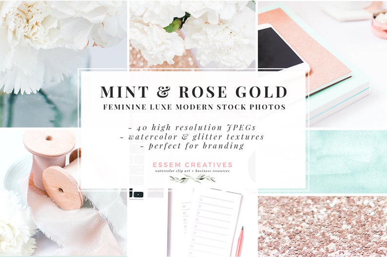 Puede incluir: Un collage digital de im&aacute;genes con un fondo verde menta, flores blancas, purpurina dorada rosa y un cuaderno con un bol&iacute;grafo rosa. El texto "MINT & ROSE GOLD FEMININE LUXE MODERN STOCK PHOTOS" se muestra en un rect&aacute;ngulo negro.