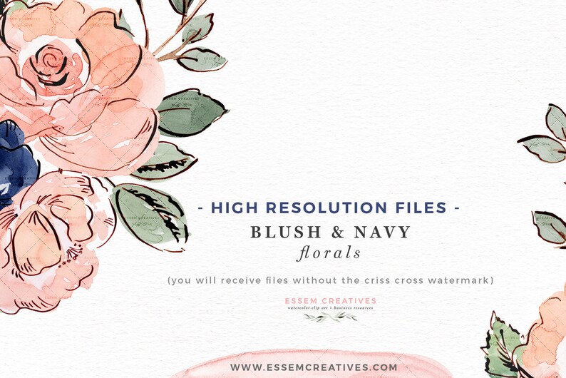 May include: Watercolor illustration of blush pink and navy blue flowers with green leaves. The text "HIGH RESOLUTION FILES - BLUSH & NAVY florals (you will receive files without the criss cross watermark) ESSEM CREATIVES WWW.ESSEMCREATIVES.COM" is at the bottom of the image.