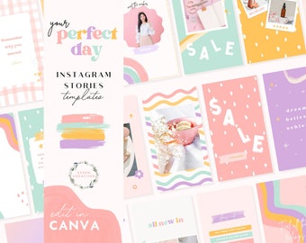 May include: A set of Instagram story templates featuring colorful backgrounds, illustrations, and text. The templates include phrases like "your perfect day", "sale", "dream believe achieve", and "all new in".