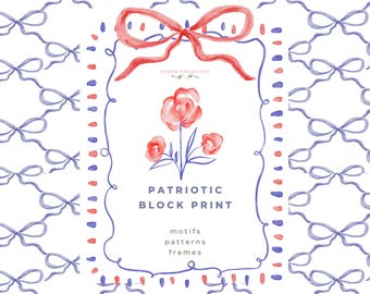 Preppy Patriotic Frames, Grandmillenial 4th of July Clipart with Bows Scallop Frames and Seamless Patterns, Summer Birthday Invitations