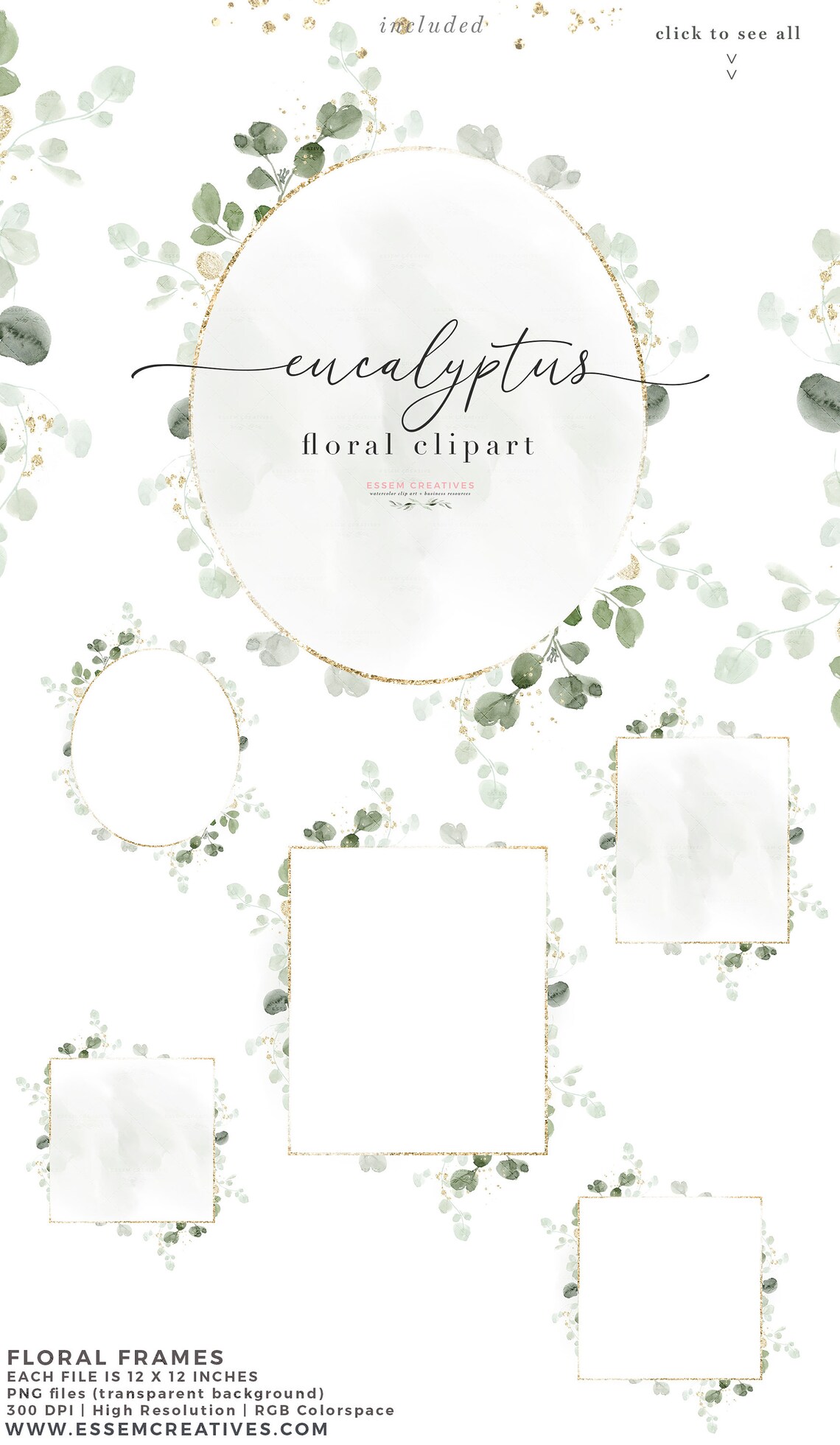 Watercolor Eucalyptus Clipart, Green and Gold Geometric Frames Clipart ...
