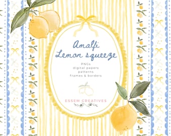 Lemon Squeeze Citrus Birthday Party Clipart Borders Seamless Patterns, Amalfi Grandmillenial Card Background, Hand Drawn Whimsical Aesthetic