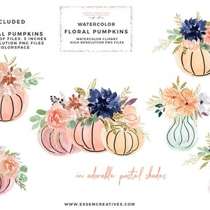 May include: Six watercolour floral pumpkin illustrations in pastel colours. Each pumpkin is decorated with a different arrangement of flowers, including roses, hydrangeas, and leaves. The illustrations are perfect for autumn-themed crafts and designs.