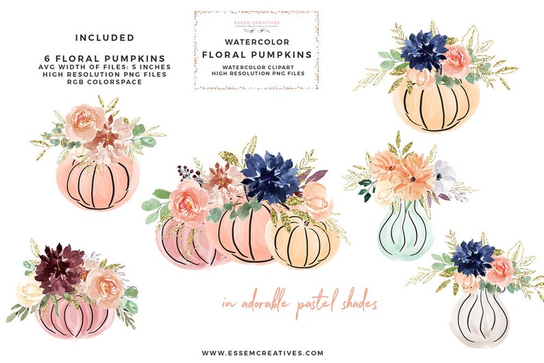 May include: Six watercolour floral pumpkin illustrations in pastel colours. Each pumpkin is decorated with a different arrangement of flowers, including roses, hydrangeas, and leaves. The illustrations are perfect for autumn-themed crafts and designs.