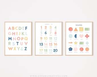 Alphabet Numbers 1 - 20 Shapes Posters, Set Of 3 Educational Prints, Colorful Classroom Decor, Homeschool Wall Art, Digital Download RNBW