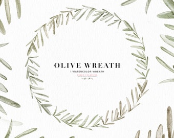 Olive Wreath Illustration Clipart, Watercolor Fine Art Olive Branch Leaves, Rustic Digital Wreath PNG Floral Clipart for Wedding Invitations