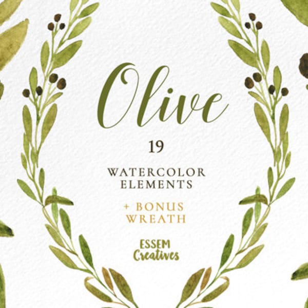 Watercolor Olive Branch Clipart, Leaves Clipart, Green Watercolor Olive Wreath, Leaf Graphics, Autumn Fall Rustic Wedding Invitation Clipart