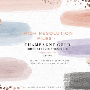 K&ouml;nnte beinhalten: Ein digitaler Download von hochaufl&ouml;senden Pinselstrichen und Texturen in Champagnergold, Rosa, Blau, Lila und Grau. Der Text "HIGH RESOLUTION FILES - CHAMPAGNE GOLD BRUSH STROKES & TEXTURES ESSEM CREATIVES (you will receive files without the criss cross watermark) WWW.ESSEMCREATIVES.COM" ist im Bild enthalten.