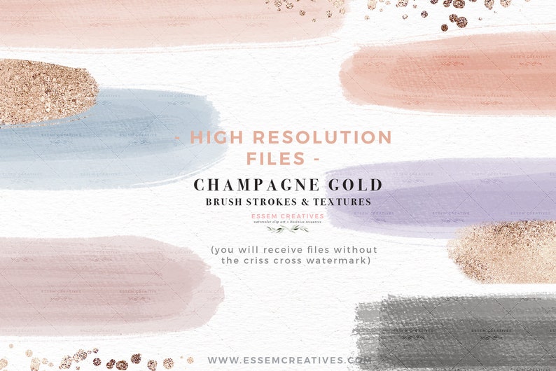 K&ouml;nnte beinhalten: Ein digitaler Download von hochaufl&ouml;senden Pinselstrichen und Texturen in Champagnergold, Rosa, Blau, Lila und Grau. Der Text "HIGH RESOLUTION FILES - CHAMPAGNE GOLD BRUSH STROKES & TEXTURES ESSEM CREATIVES (you will receive files without the criss cross watermark) WWW.ESSEMCREATIVES.COM" ist im Bild enthalten.