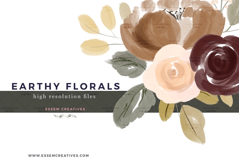 May include: Watercolor illustration of a bouquet of flowers in shades of brown, beige, and burgundy. The flowers are arranged in a loose, organic style, and the background is white. The text "EARTHY FLORALS" and "high resolution files" is displayed above the flowers, and the text "ESSEM CREATIVES" is displayed below the flowers.