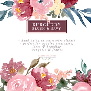Burgund Blush Navy Blumenkranz Clipart, Aquarell Hochzeit Einladung Clipart, digitale Bordüren, Blumenstrauß für Logo Branding, Winter Clipart