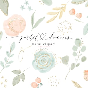 Pastell Aquarell Blumen Clipart, Pfirsich Mint Grün Blumen Clip Art Druck, Digitaler Download separates Element Baby Shower Hintergrund