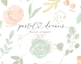 Pastel Watercolor Flowers Clipart, Peach Mint Green Floral Clip Art Graphics Print, Digital Download Separate Element Baby Shower Background