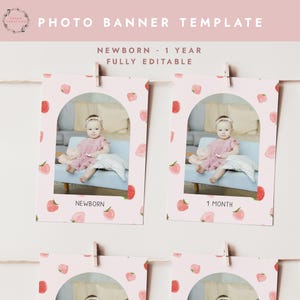 Modèle de bannière Photo anniversaire fraise, cartes étape étape imprimables modifiables baies 1er anniversaire pour une décoration de fête mignonne, minimal moderne 504