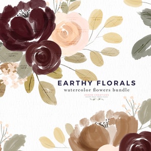 May include: Watercolor floral illustrations in shades of burgundy, peach, and brown. The illustration features a bouquet of flowers with leaves and stems. The text "Earthy Florals watercolor flowers bundle" is displayed in the center of the image.