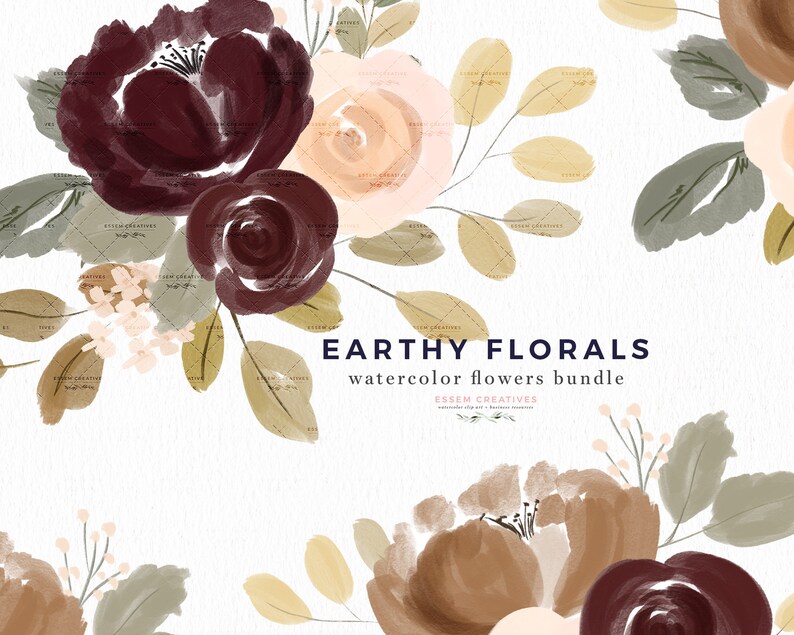 May include: Watercolor floral illustrations in shades of burgundy, peach, and brown. The illustration features a bouquet of flowers with leaves and stems. The text "Earthy Florals watercolor flowers bundle" is displayed in the center of the image.