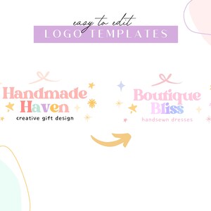 May include: Two logo designs with a pastel colour scheme. The first logo says "Handmade Haven" with a pink, yellow, and purple colour scheme. The second logo says "Boutique Bliss" with a pink, purple, and blue colour scheme. Both logos feature a ribbon and stars.