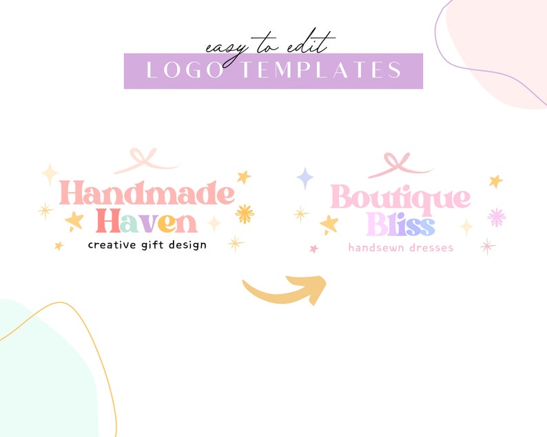 May include: Two logo designs with a pastel colour scheme. The first logo says "Handmade Haven" with a pink, yellow, and purple colour scheme. The second logo says "Boutique Bliss" with a pink, purple, and blue colour scheme. Both logos feature a ribbon and stars.