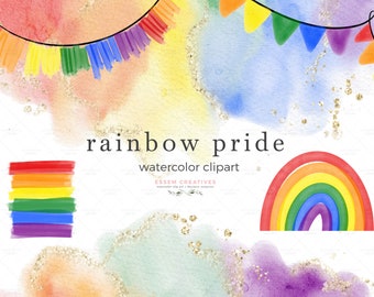 Rainbow Pride Watercolor Splashes Clipart, Bunting Garland Brush Strokes Circles Sublimation Graphics with Gold Sparkle, Watercolor  Texture