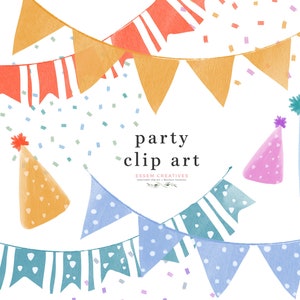 Aquarel party clipart, party hat bunting banner confetti clip art voor verjaardagsfeest nodigt gunst tag achtergrond cake toppers, PNG-bestanden