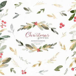 May include: Watercolour illustrations of Christmas greens, including holly sprigs with red berries, and various leafy branches in shades of green and gold. The text "Christmas Greens" and "Separate Elements" is included in the image.