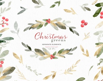 Watercolor Christmas Clipart, Winter Greens Leaves Branch Clip Art, Holly Jolly Evergreen Eucalyptus Mistletoe Berry Pine Festive Graphics