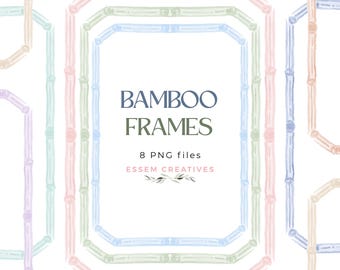 Grandmillenial Bamboo Frames Watercolor Clipart, Pastel Blue Green Pink Mahjong Party Invitation Frames, Aesthetic Hand Drawn Light Simple
