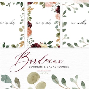 Bourgondische aquarel bloemen Frames kaart grenzen achtergronden, herfstbloemen illustraties, rustieke rozen Marsala kastanjebruine perzik Frame, digitaal papier